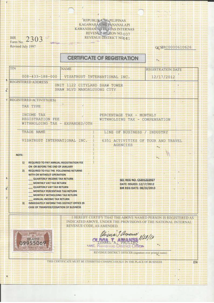 Visatrust BIR registration