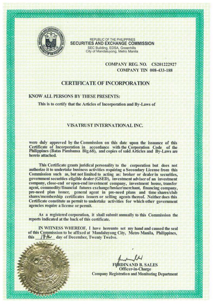 Visatrust certificate of incorporation